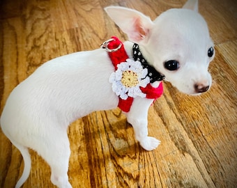 Tiny Daisy Puppy Kitten Harness, 1 to 1 1/2 Lbs in Soft Red Cotton