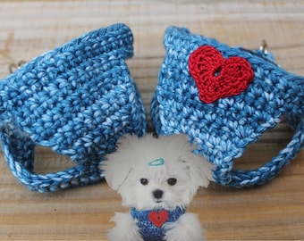 Teacup Puppy Harness, 2 to 3 Lb Tiny Dog XXS, Soft Cotton Denim Vest w/Crochet Heart Option