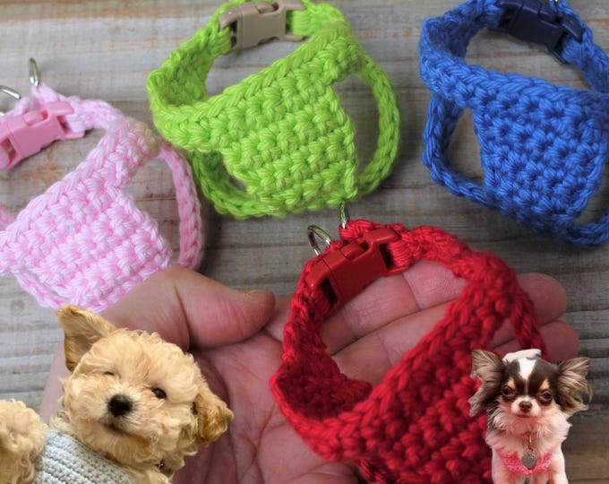 Featured listing image: Teacup Puppy Harness, Teeny Tiny Dog Vest. First Soft Cotton Crochet Pet Harness 2 Lbs and Under