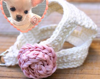 Puppy Harness, Tiny Cream & Pink Teacup Dog Vest, 2 to 3 Lbs XXS, Crochet Cotton Vest