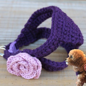 May include: Purple crocheted dog harness with a pink crocheted flower accent. The harness is designed for small dogs and has a metal clasp for easy fastening.