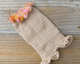 Dog Puppy Sweater Dress XXS 2 Lbs with Crochet Ruffle, Beige w/Scalloped Neck