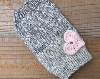 Teacup Puppy Dog Sweater, 2 Lbs in Gray Ombre w/Optional Pink Heart XXS