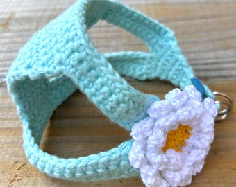 Teacup Puppy Harness: Aqua Crochet Cotton Vest with Full Daisy (2-3 Lb XXXS/XXS)