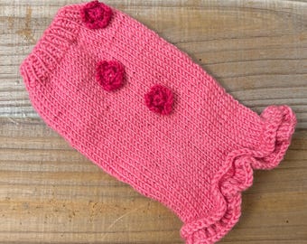 Teacup Puppy Dog Sweater Dress, 2 Lbs in Pink w/Crochet Ruffle, Extra Fine Coat For Tiny Mini Pet