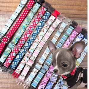 May include: A collection of adjustable pet collars featuring various patterns including red hearts, blue plaid, rainbows, floral prints, and geometric designs, each equipped with a plastic buckle and metal D-ring, alongside a small gray and white dog.