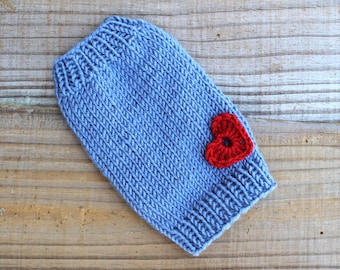 Teacup Puppy Dog Sweater, 1 to 1 1/2 Lbs in Blue w/Optional Crochet Heart, Extra Fine Coat For Tiny Mini Pet