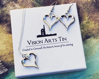 Tin Heart Necklace & Earrings Set. 10th Anniversary Gift. Tin Jewellery. Tin Gift