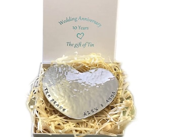 Personalised Hand Beaten Tin Heart Mini Dish; 10th Anniversary Gift. Also Available for all other Anniversaries