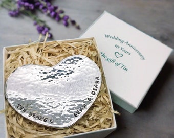 Personalised Hand Beaten Tin Heart Mini Dish; 10th Anniversary Gift. Also Available for all other Anniversaries