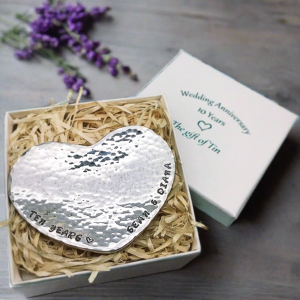 Personalised Hand Beaten Tin Heart Mini Dish; 10th Anniversary Gift. Also Available for all other Anniversaries