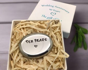10th Wedding Anniversary Gift. Tin Pebble. Hand stamped with 'Ten Years'. Handmade Tin Gift, made in Cornwall