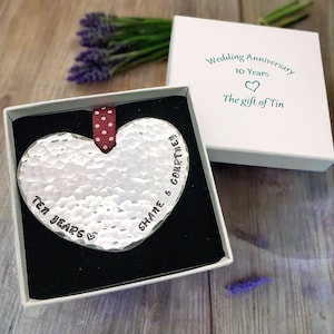 10 year Anniversary Gift. Personalised Hand Beaten Hanging Tin Heart Plaque; Tin Anniversary Gift. Tin Gift. 10th Anniversary Gift