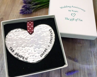 10 year Anniversary Gift. Personalised Hand Beaten Hanging Tin Heart Plaque; Tin Anniversary Gift. Tin Gift. 10th Anniversary Gift