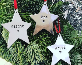 Personalised Christmas Tree Decoration. Hanging Star hand stamped with name