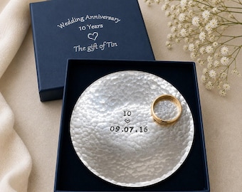 Personalised 10th Anniversary Gift – Tin Ring Dish – 10 Year Wedding Anniversary Gift –  Add your anniversary date. Handmade in Cornwall