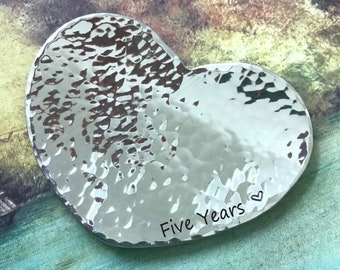 5th Anniversary Gift, Hand Beaten Heart Mini Dish, hand stamped 'Five Years'