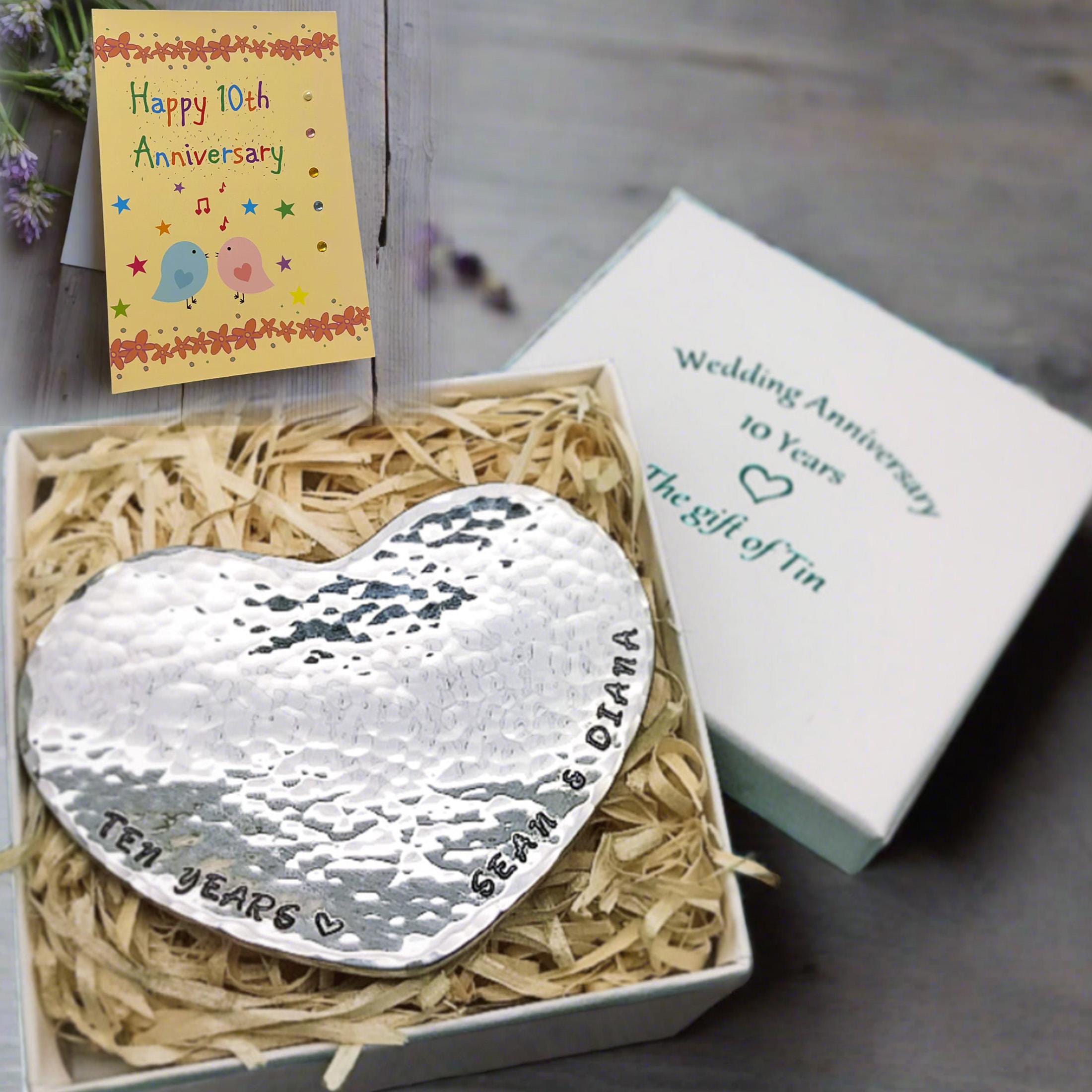 GIFT & CARD. Personalised Hand Beaten Tin Heart Mini Dish; 10th Anniversary Gift. Also Available for all other Anniversaries