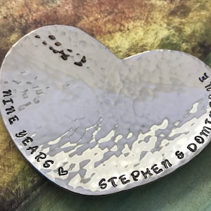 Personalised 9th Anniversary Gift, Hand Beaten Heart Mini Dish, hand stamped with the couple’s names