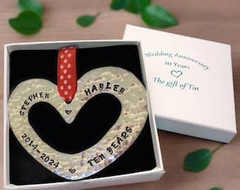 10th Anniversary Gift. Petite Heart Wall Hanging personalised with years 2014-2024 & names! Tin Gift. 10th wedding anniversary