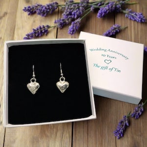 10th Anniversary Gift.  Rustic Tin Heart Earrings in commemorative 10th Anniversary Box.