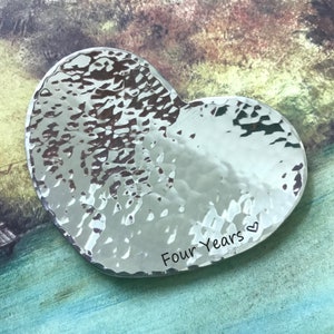 4th Anniversary Gift, Hand Beaten Heart Mini Dish, hand stamped &#39;Four Years&#39;