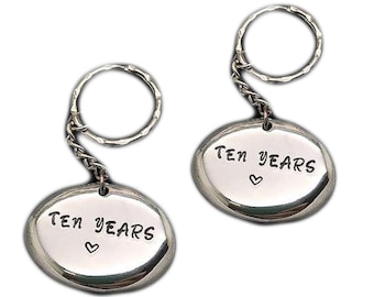 10th Wedding Anniversary Gift. 2 x Couples Keyrings. Stamped '10 years'.  Tin Gifts for 10th Anniversary