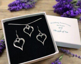 10th Anniversary Gift. Tin Heart Jewellery Set. Tin Jewellery. Tin Anniversary Gift