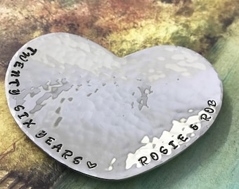 Personalised 26th Anniversary Gift, Hand Beaten Heart Mini Dish, hand stamped with the couple’s names