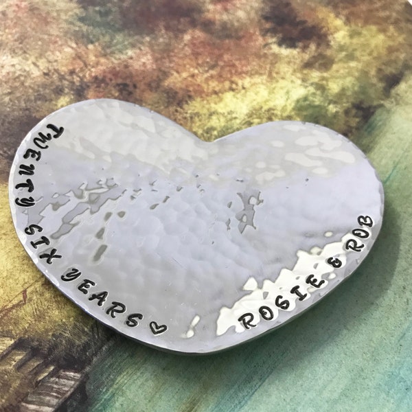 Personalised 26th Anniversary Gift, Hand Beaten Heart Mini Dish, hand stamped with the couple’s names