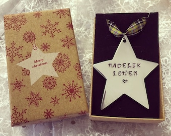 Cornish 'Nadelik Lowen' Christmas Star.  Merry Christmas in Kernewek, the Cornish Language