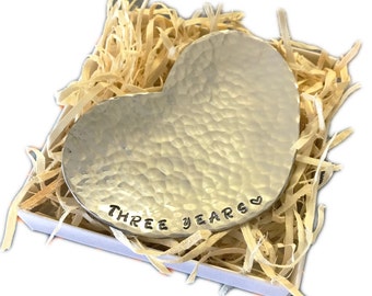 3rd Anniversary Gift, Hand Beaten Heart Mini Dish, hand stamped 'Three Years'