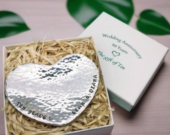 Personalised Hand Beaten Tin Heart Mini Dish; 10th Anniversary Gift. Also Available for all other Anniversaries