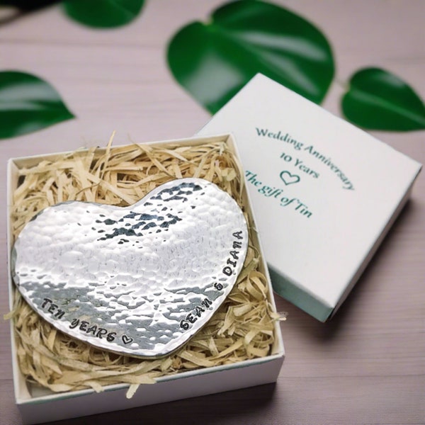 Personalised Hand Beaten Tin Heart Mini Dish; 10th Anniversary Gift. Also Available for all other Anniversaries