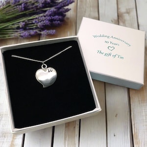 10th Wedding Anniversary Gift.  Quirky Tin Heart Necklace stamped '10' in Commemorative Gift Box. Tin Jewellery. Tin Gift. Tin Anniversary