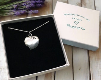 10th Wedding Anniversary Gift.  Quirky Tin Heart Necklace stamped '10' in Commemorative Gift Box. Tin Jewellery. Tin Gift. Tin Anniversary