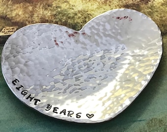 8th Anniversary Gift, Hand Beaten Heart Mini Dish, hand stamped 'Eight Years'