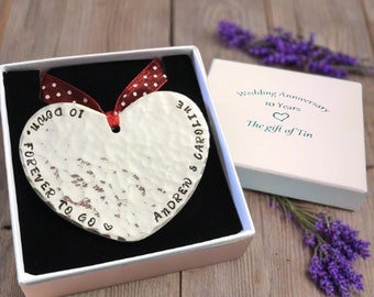 10th Anniversary Gift. Personalised Tin Heart Plaque; &quot;10 Down, forever to go&quot;