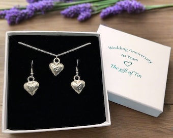 10th Anniversary Gift. Rustic Heart Tin Jewellery Necklace & Earrings Set. Tin Gift. Choice of Gift Box. Tin Gift. Tin Anniversary.