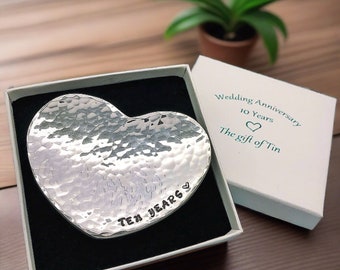 10th Anniversary Gift. Hand Beaten Heart Mini Dish in commemorative 10th Anniversary Gift Box. Tin Anniversary. 10 Years