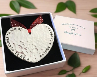10th Anniversary Gift. Personalised Tin Heart Plaque; "10 Down, forever to go"