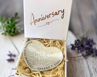Personalised Anniversary Gift, Hand Beaten Heart Mini Dish, hand stamped with the couple’s names.