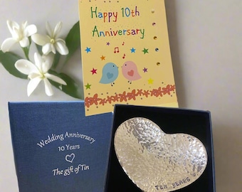 10th Anniversary Gift & Card. Hand Beaten Heart Mini Dish in commemorative 10th Anniversary Gift Box. Tin Anniversary. 10 Years.