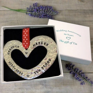 10th Anniversary Gift. Petite Heart Wall Hanging personalised with years 2015-2025 & names! Tin Gift. 10th wedding anniversary