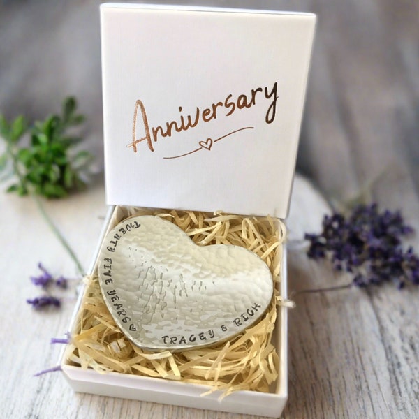 Personalised 25th Anniversary Gift, Hand Beaten Heart Mini Dish, hand stamped with the couple’s names