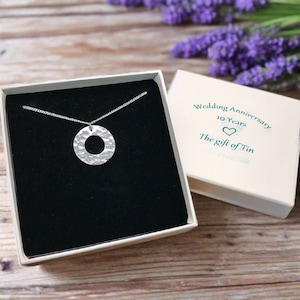 10th Wedding Anniversary Hammered Circular Tin Necklace in Commemorative Gift Box. Tin Jewellery. Tin Gift. Tin Anniversary