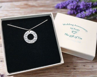 10th Wedding Anniversary Hammered Circular Tin Necklace in Commemorative Gift Box. Tin Jewellery. Tin Gift. Tin Anniversary
