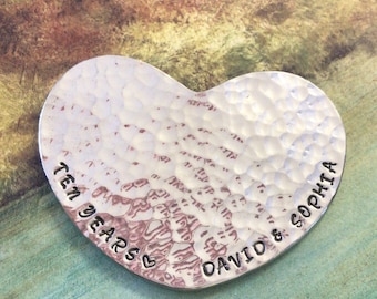 10th Anniversary Gift. Personalised Hand Beaten Tin Heart; Tin Anniversary Gift. Tin Gift.