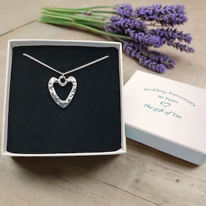 10th Wedding Anniversary Gift. Hammered Tin Heart Necklace in Commemorative Gift Box. Tin Jewellery. Tin Gift. Tin Anniversary.
