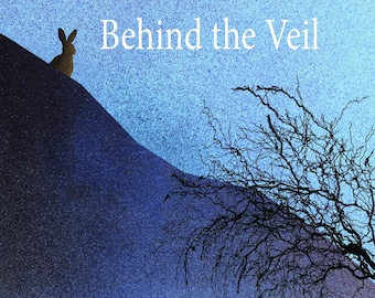 Könnte beinhalten: Ein Buchcover mit blauem und grünem Hintergrund. Der Titel "Behind the Veil" ist in weißer Schrift geschrieben. Der Untertitel "illustrated poems inspired by Somerset myths and legends" ist in weißer Schrift geschrieben. Der Name des Autors "Jan Martin" ist in weißer Schrift geschrieben.